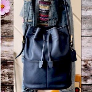 VINTAGE COACH THOMPSON BLUE GREY LEATHER EQUESTRIAN DRAWSTRING BUCKET 4151
